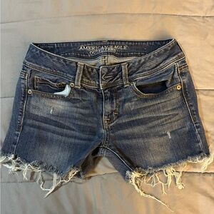 American Eagle Outfitters Women's Frayed Hem Jean Shorts - Dark Blue